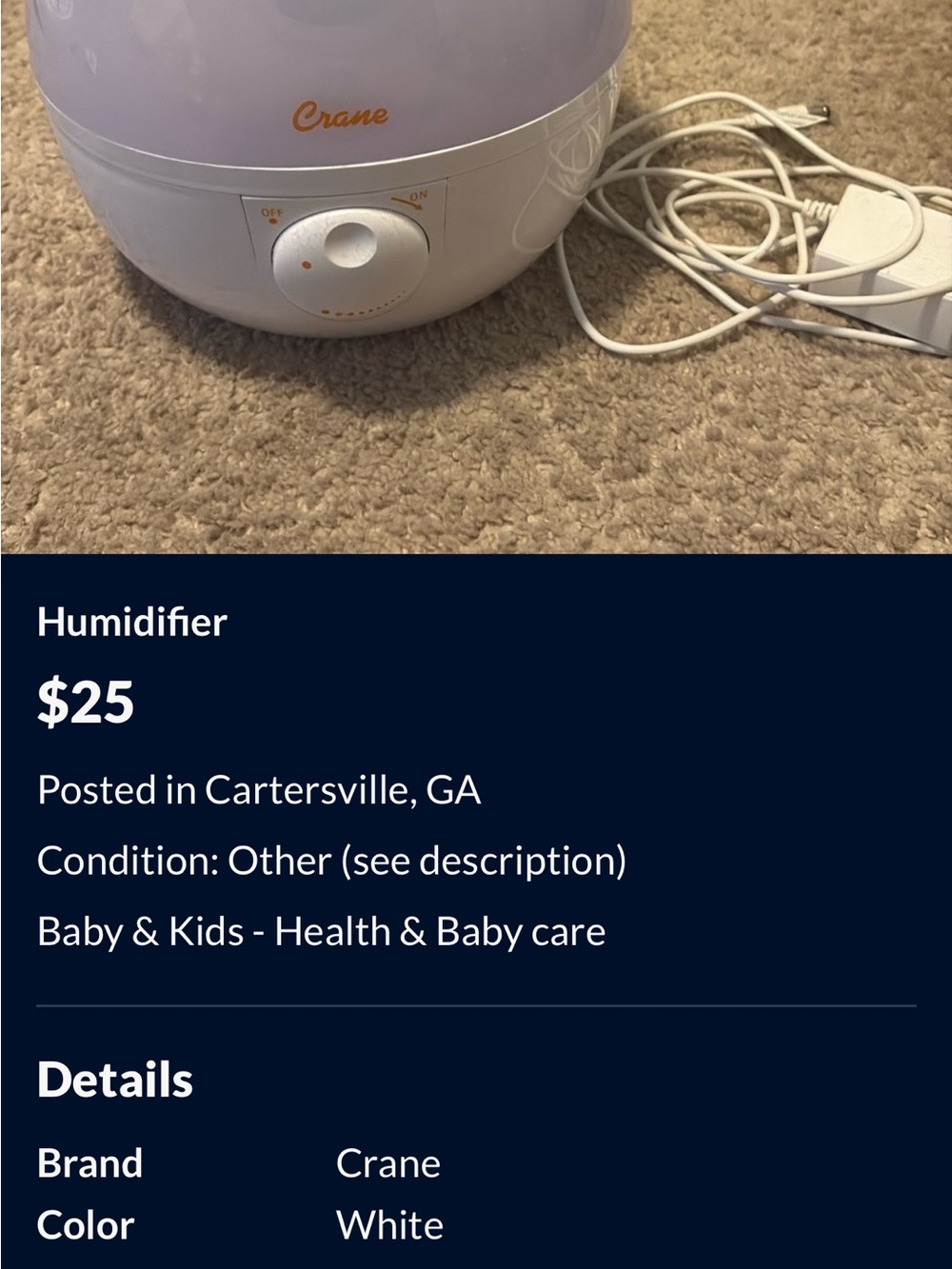 Crane White Kids Humidifier - Gentle Nursery Mist